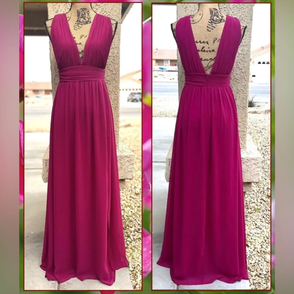 Lulu's Fuchsia Plunge V-Neck Maxi Dress with High Slit - Picture 8 of 11